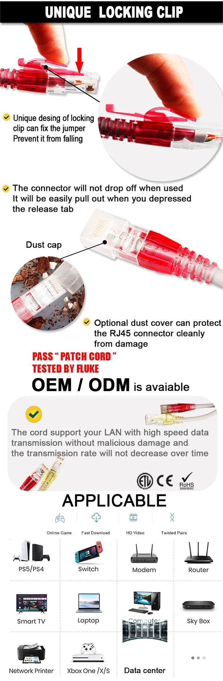 Gcabling Communication Cat 6 6A Patch Cable Ethernet CAT6 CAT6A UTP RJ45 Unique Locking Clip Jumper Cable Network LAN Patch Cord