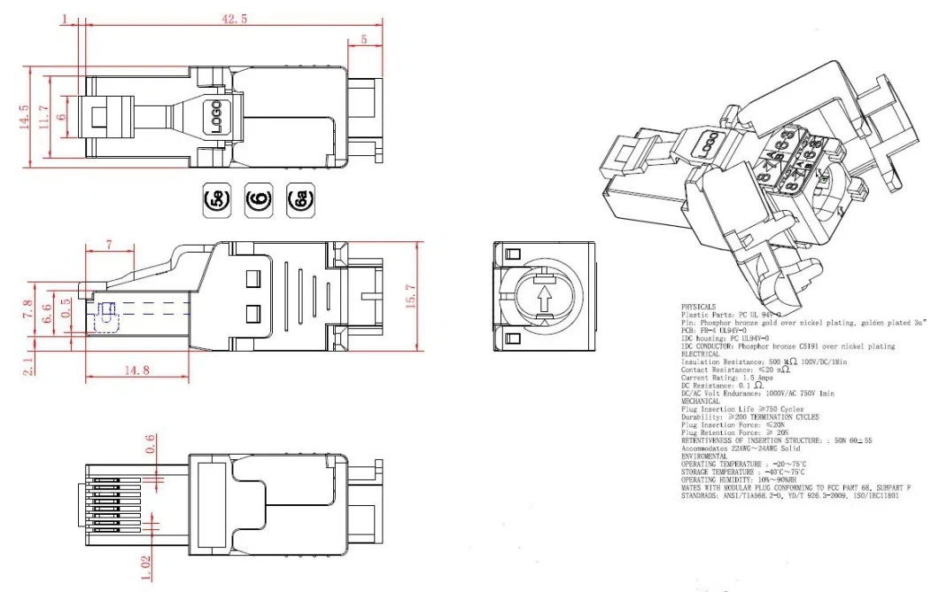 CAT6/CAT6A/Cat8 STP FTP Shielded RJ45 Connector Zinc Alloy Tool-Less Modular Plug